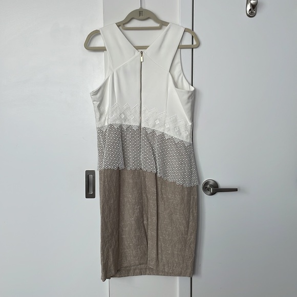 Tahari Sheath Dress, White and and Tan Color Block with Lace Overlay - Picture 2 of 7